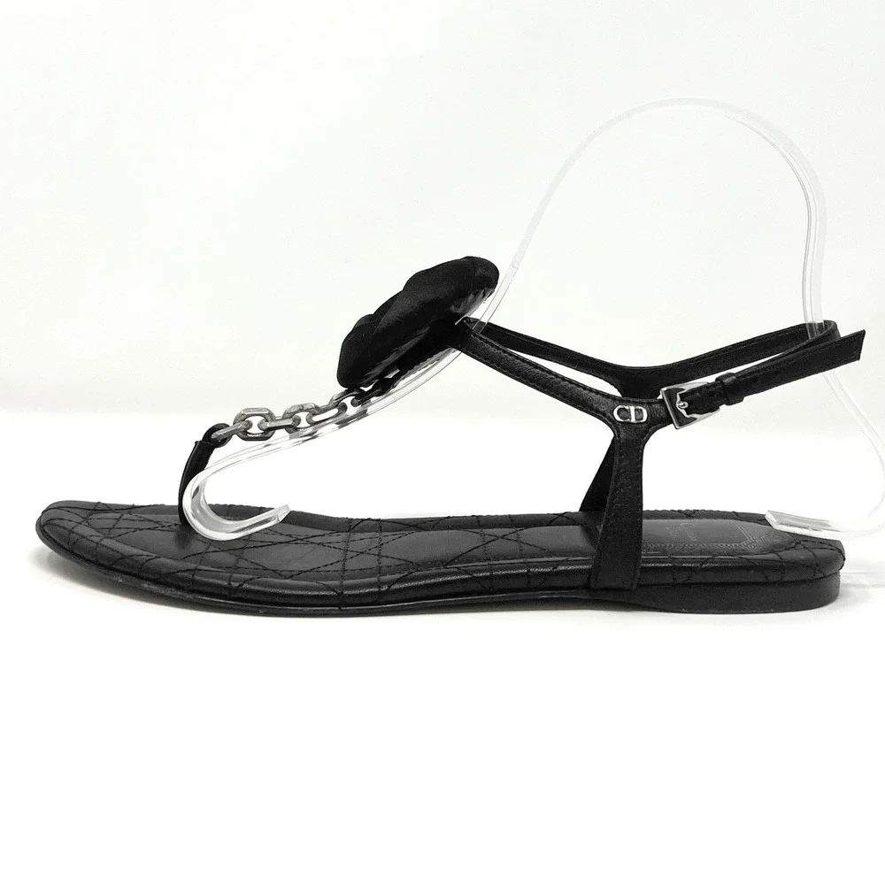 Christian Dior Delices Thong‎ Flat Sandals Black Leather Cannage Rosette 36